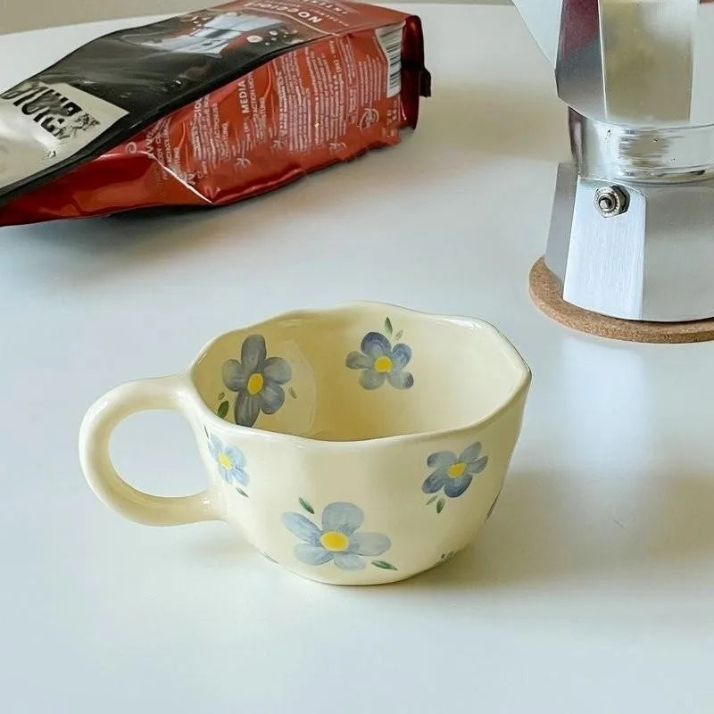 JUSTINLAU Hand Pinched Irregular Flower Ceramic Mugs Coffee Cups Milk Tea Cup Ins Korean Style Oatmeal Breakfast Mug Drinkware