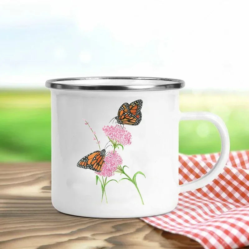 Creative Drink Coffee Mug Flower Butterfly Print Enamel Mugs Kids Cup Personalized Gift Cups for Coffee and Tea Drinkware Cupshe