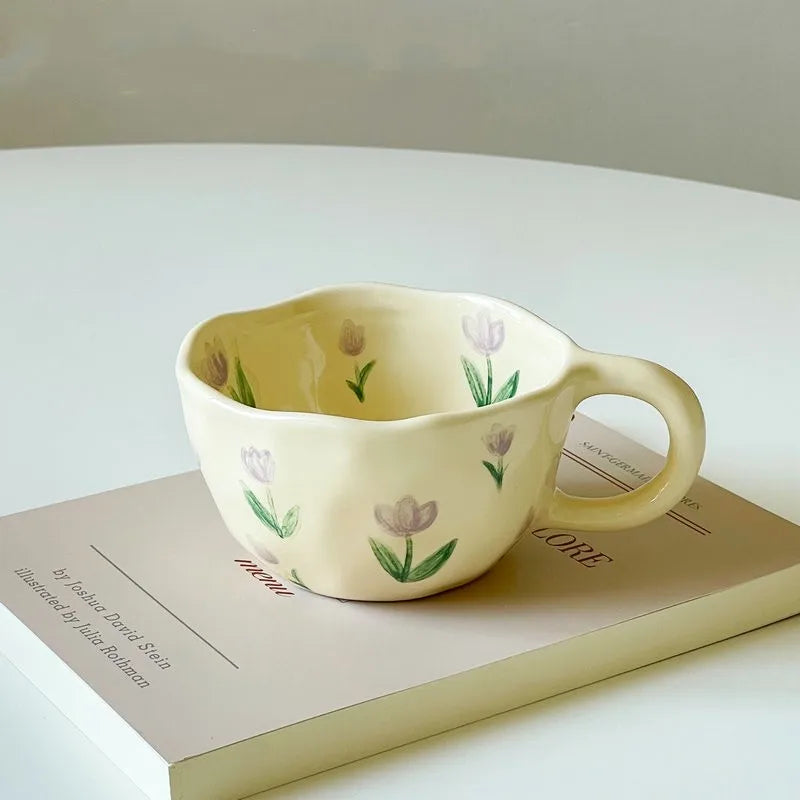JUSTINLAU Hand Pinched Irregular Flower Ceramic Mugs Coffee Cups Milk Tea Cup Ins Korean Style Oatmeal Breakfast Mug Drinkware