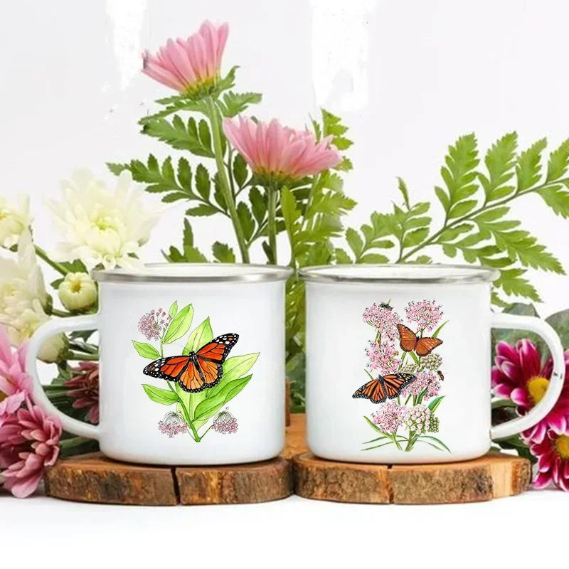 Creative Drink Coffee Mug Flower Butterfly Print Enamel Mugs Kids Cup Personalized Gift Cups for Coffee and Tea Drinkware Cupshe