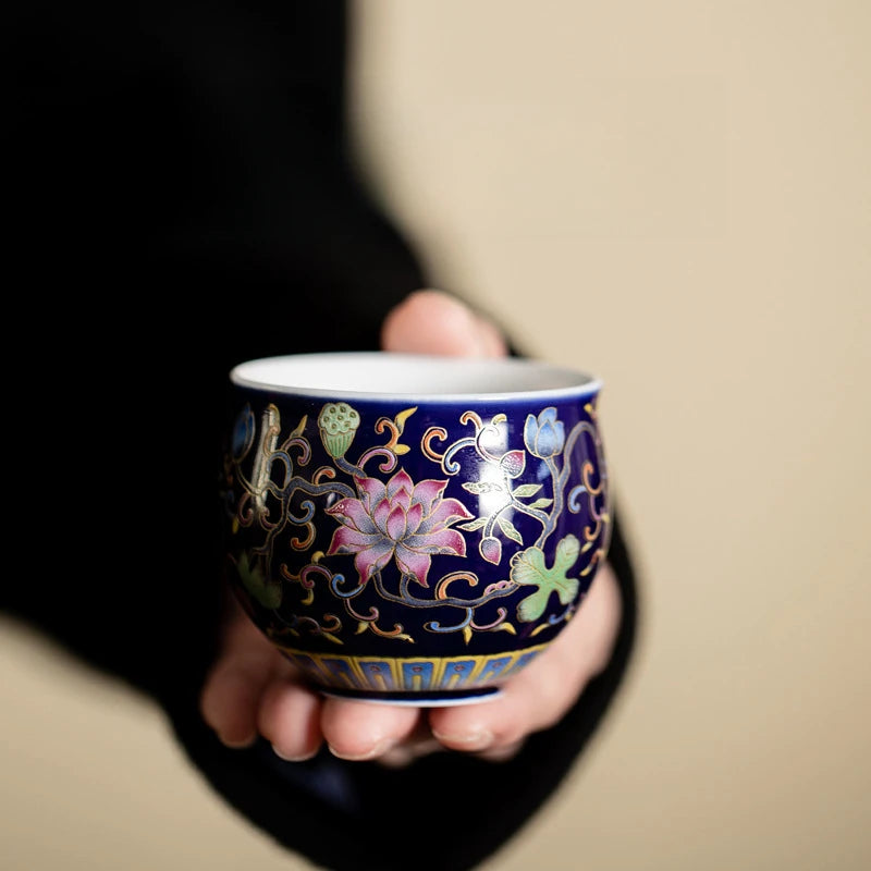 Japanese Ceramic Teacups Chinese Kungfu Tea Cup Retro Personal Teaware Enamel Lotus Cups Household Drinkware Supplied Gift Box