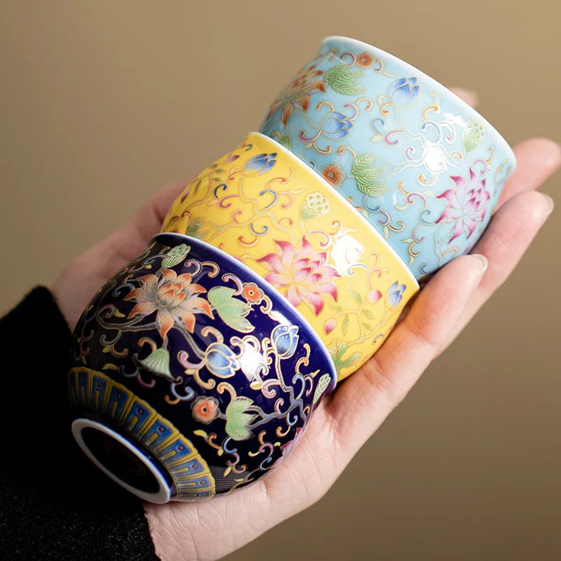 Japanese Ceramic Teacups Chinese Kungfu Tea Cup Retro Personal Teaware Enamel Lotus Cups Household Drinkware Supplied Gift Box