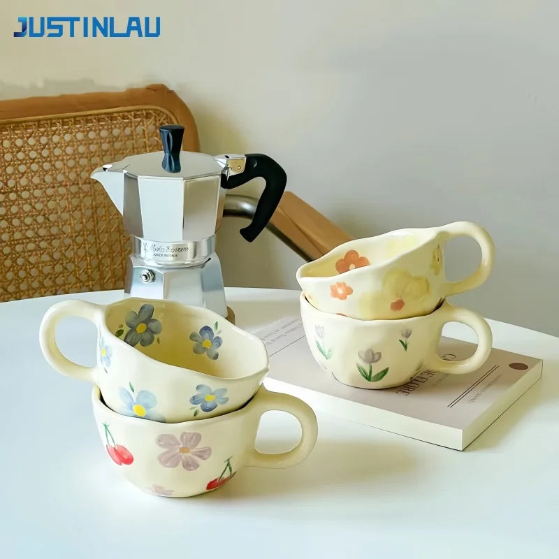 JUSTINLAU Hand Pinched Irregular Flower Ceramic Mugs Coffee Cups Milk Tea Cup Ins Korean Style Oatmeal Breakfast Mug Drinkware