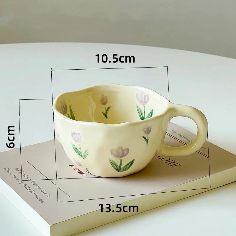 JUSTINLAU Hand Pinched Irregular Flower Ceramic Mugs Coffee Cups Milk Tea Cup Ins Korean Style Oatmeal Breakfast Mug Drinkware