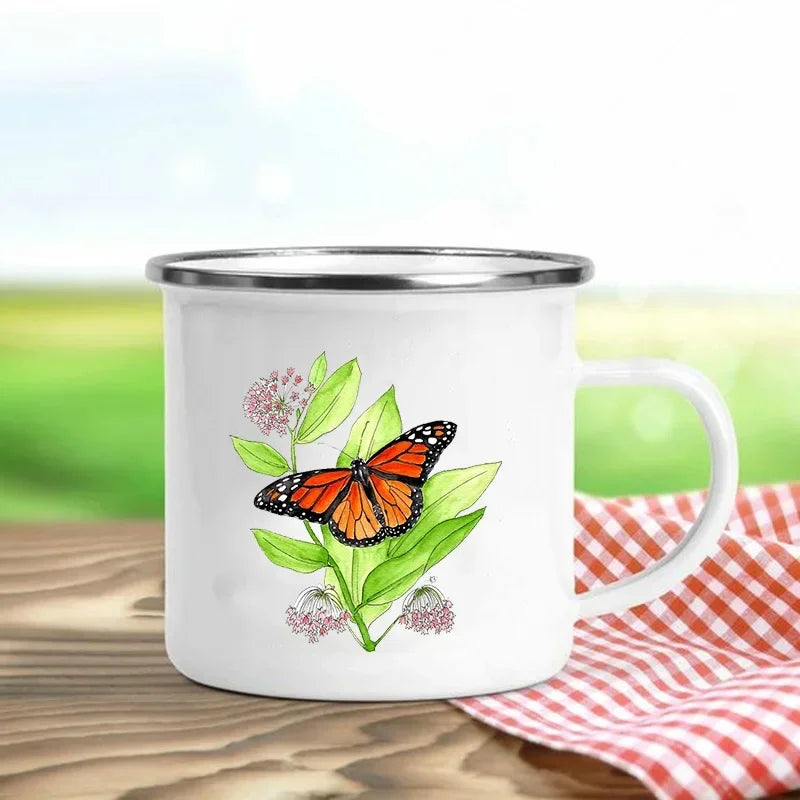 Creative Drink Coffee Mug Flower Butterfly Print Enamel Mugs Kids Cup Personalized Gift Cups for Coffee and Tea Drinkware Cupshe