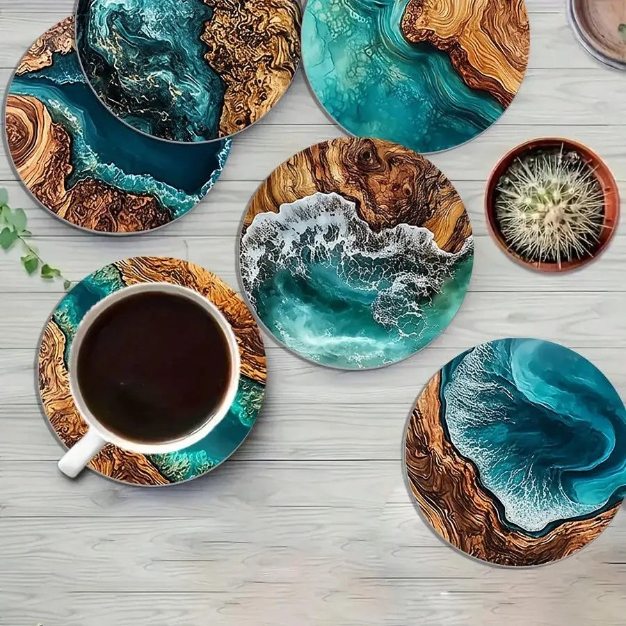 6 Blue Ocean-Style Round Silicone Coasters For Coffee Cups And Teacups,Decorative, Durable, Heat-Resistant