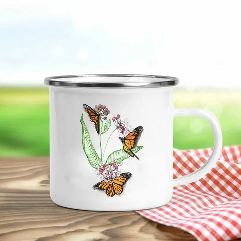 Creative Drink Coffee Mug Flower Butterfly Print Enamel Mugs Kids Cup Personalized Gift Cups for Coffee and Tea Drinkware Cupshe