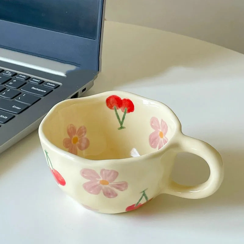 JUSTINLAU Hand Pinched Irregular Flower Ceramic Mugs Coffee Cups Milk Tea Cup Ins Korean Style Oatmeal Breakfast Mug Drinkware