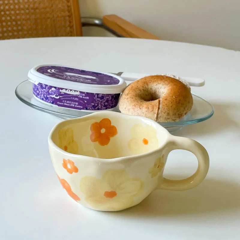 JUSTINLAU Hand Pinched Irregular Flower Ceramic Mugs Coffee Cups Milk Tea Cup Ins Korean Style Oatmeal Breakfast Mug Drinkware