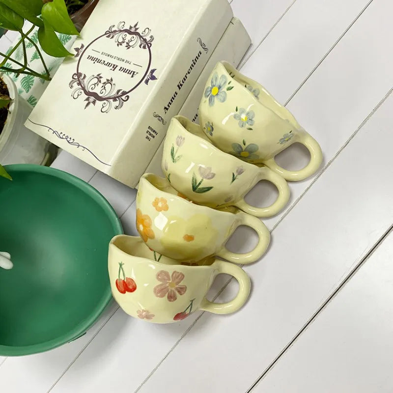 JUSTINLAU Hand Pinched Irregular Flower Ceramic Mugs Coffee Cups Milk Tea Cup Ins Korean Style Oatmeal Breakfast Mug Drinkware