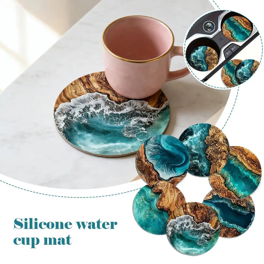 6 Blue Ocean-Style Round Silicone Coasters For Coffee Cups And Teacups,Decorative, Durable, Heat-Resistant