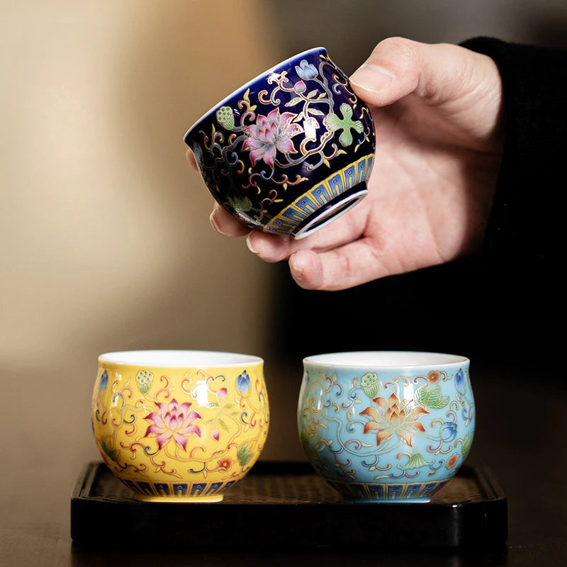 Japanese Ceramic Teacups Chinese Kungfu Tea Cup Retro Personal Teaware Enamel Lotus Cups Household Drinkware Supplied Gift Box